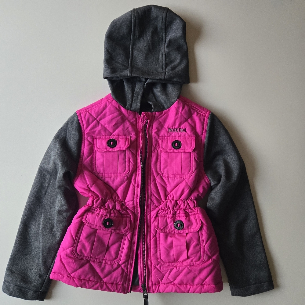 Pacific Trail Pink Quilted Jacket w/ Gray Fleece Sleeves & Fleece Hood